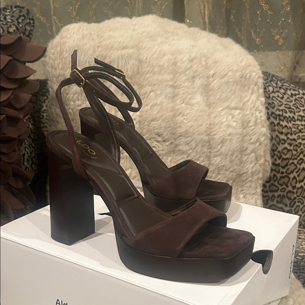 Aldo Dark Brown Strappy Platform Heels